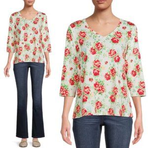 The Pioneer Woman White and Red Rose Print 3/4 Sleeve Blouse